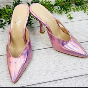 VIVIANLY Pointe Toe Pink Iridescent Slip On Mule Heels Size 6